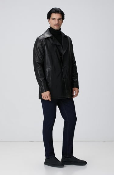  Network Erkek Siyah Deri Pardösü