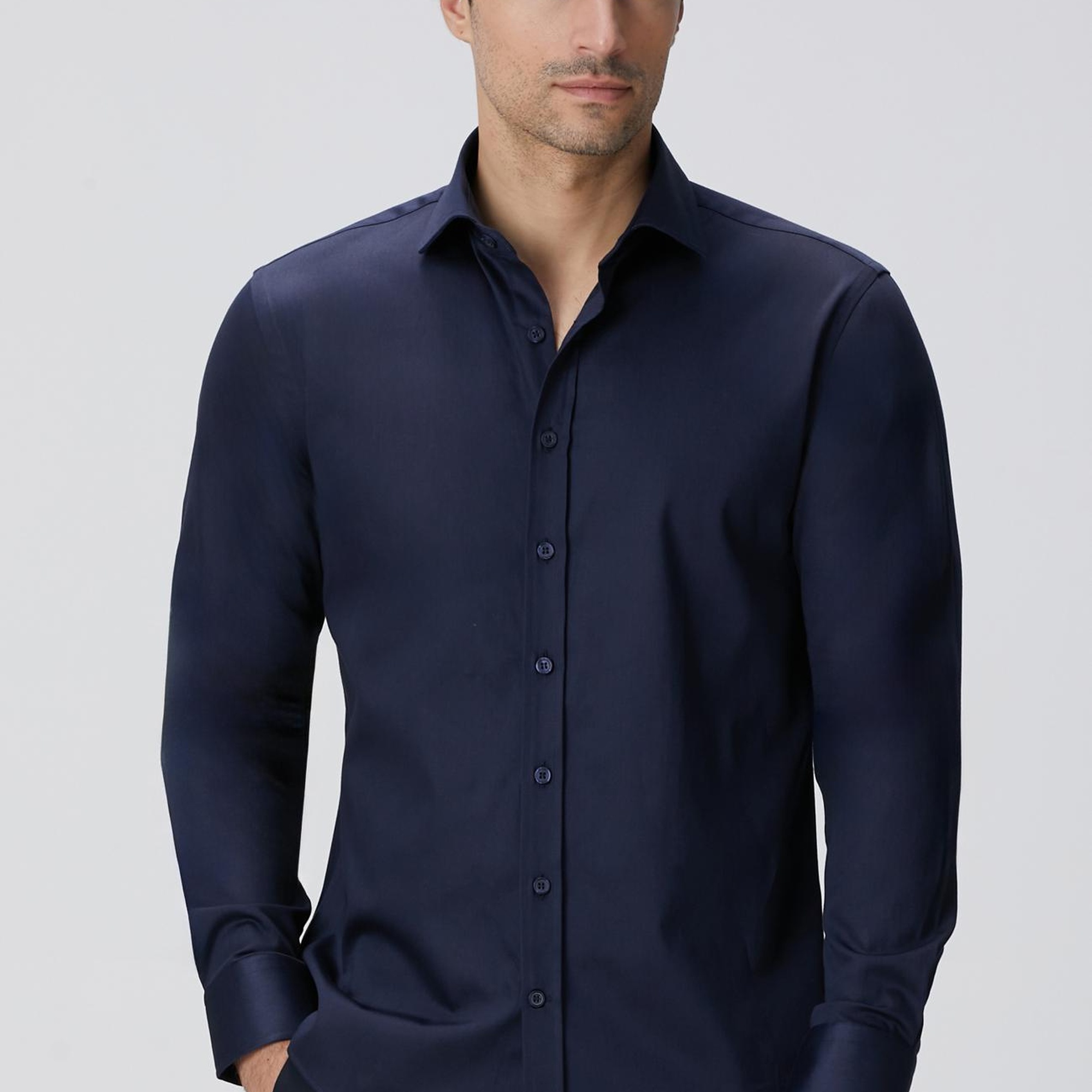 Network Erkek Slim Fit Lacivert Pamuk Saten Gömlek