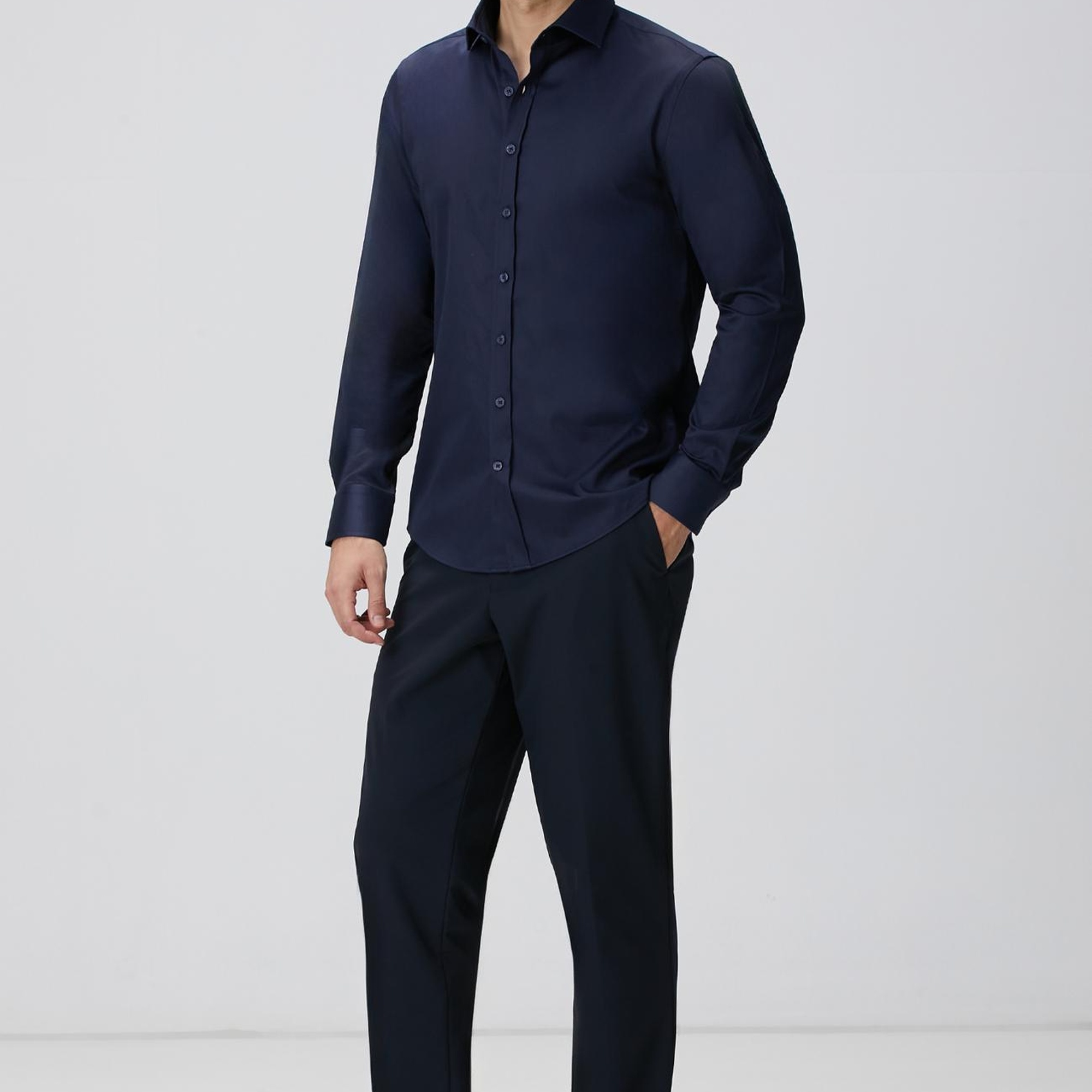 Network Erkek Slim Fit Lacivert Pamuk Saten Gömlek