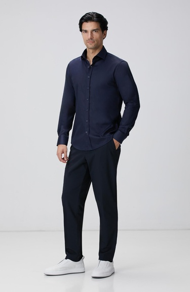  Network Erkek Slim Fit Lacivert Pamuk Saten Gömlek