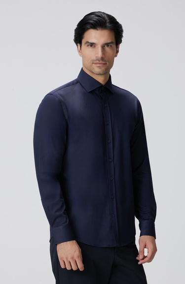  Network Erkek Slim Fit Lacivert Pamuk Saten Gömlek