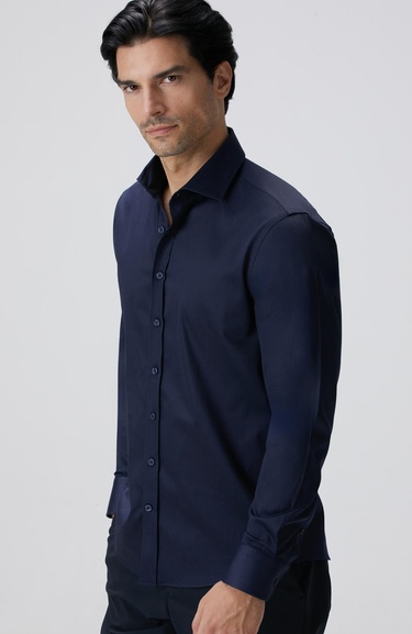  Network Erkek Slim Fit Lacivert Pamuk Saten Gömlek