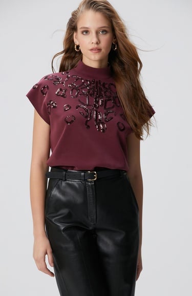  Network Kadın Bordo Payet İşlemeli T-shirt