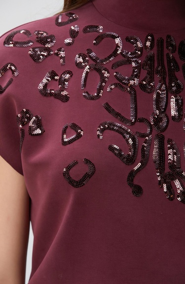  Network Kadın Bordo Payet İşlemeli T-shirt