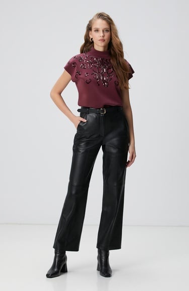  Network Kadın Bordo Payet İşlemeli T-shirt