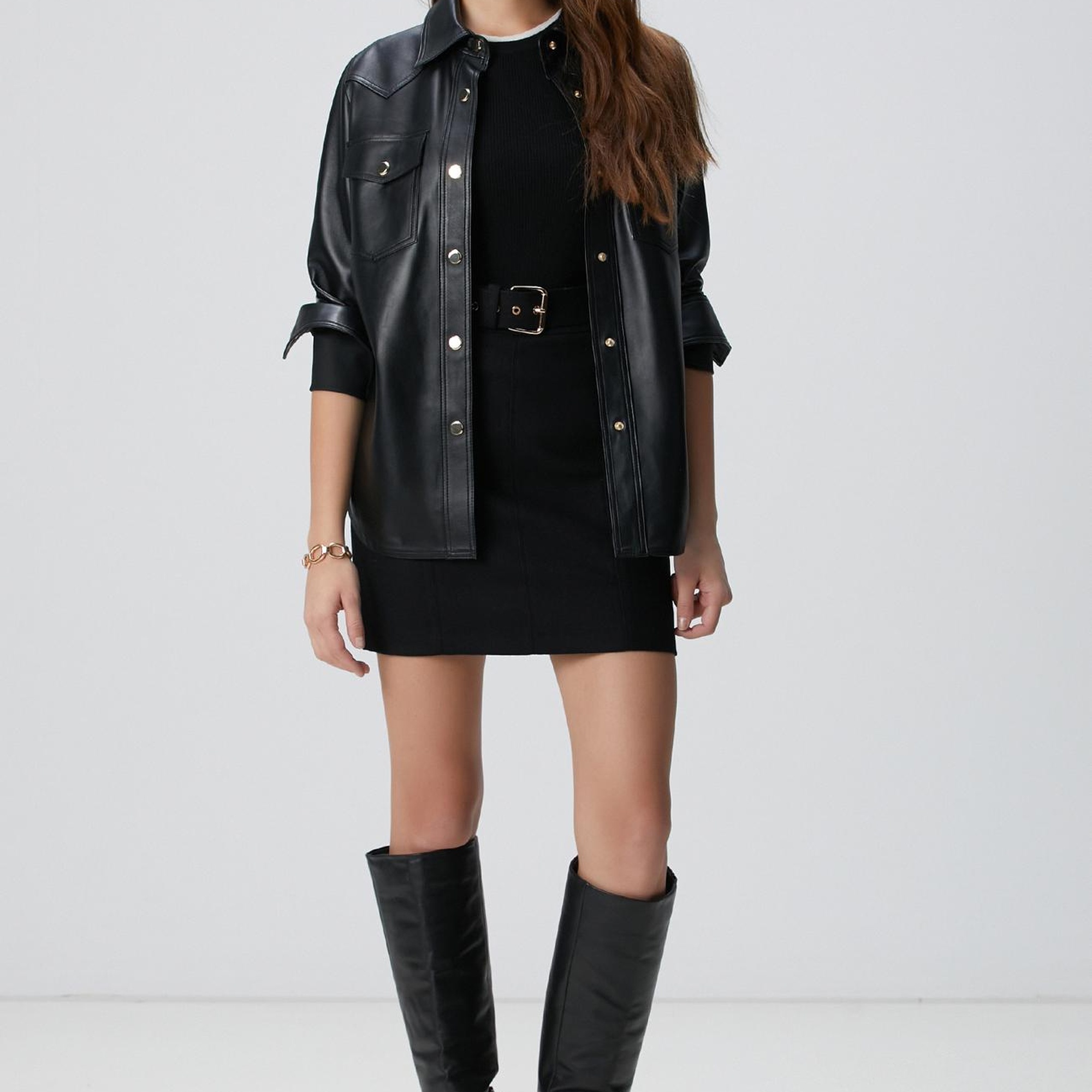 Network Kadın Siyah Deri Gömlek