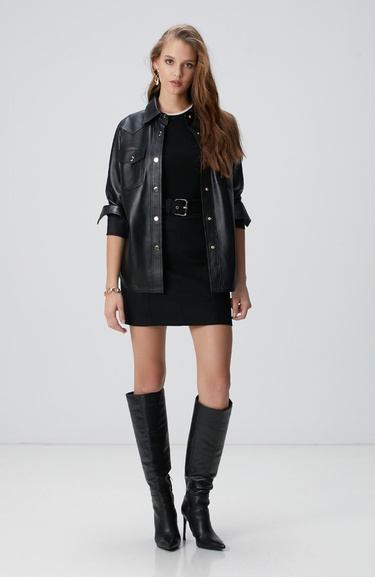  Network Kadın Siyah Deri Gömlek