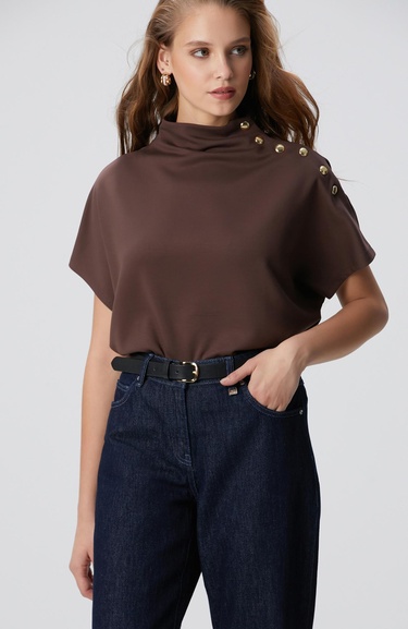  Network Kadın Acı Kahve Çıtçıt Detaylı T-shirt