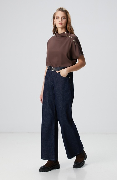  Network Kadın Acı Kahve Çıtçıt Detaylı T-shirt