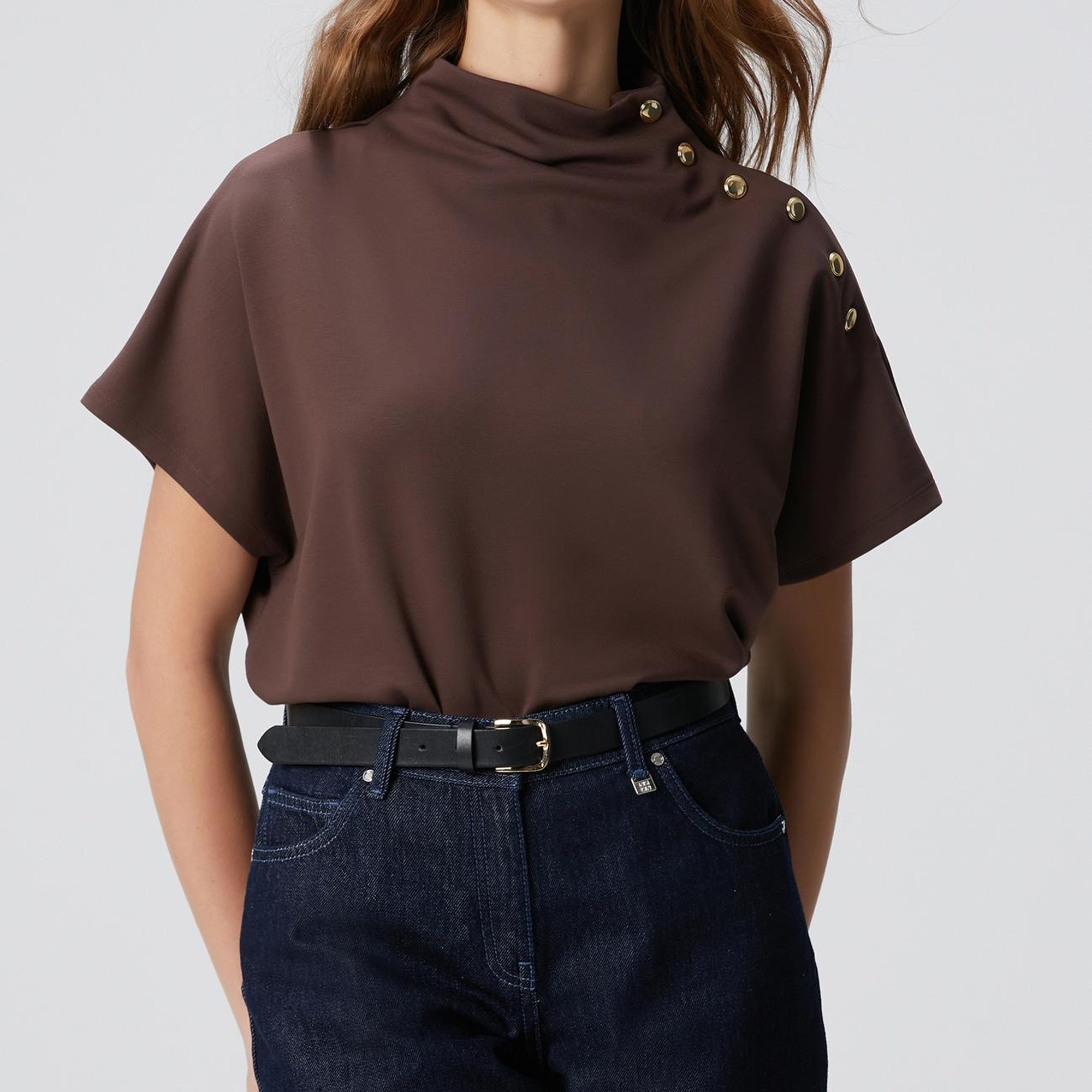 Network Kadın Acı Kahve Çıtçıt Detaylı T-shirt