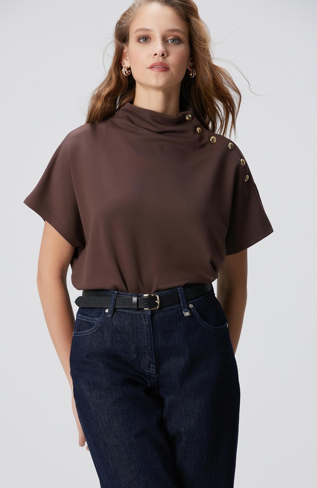  Network Kadın Acı Kahve Çıtçıt Detaylı T-shirt