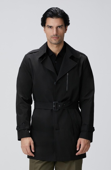  Network Erkek Siyah Kuşaklı Pardösü