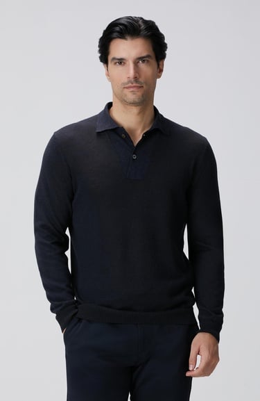  Network Erkek Lacivert Polo Yaka Keten Karışımlı Triko Kazak