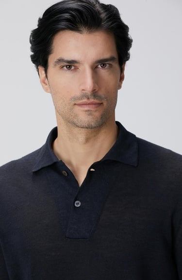  Network Erkek Lacivert Polo Yaka Keten Karışımlı Triko Kazak