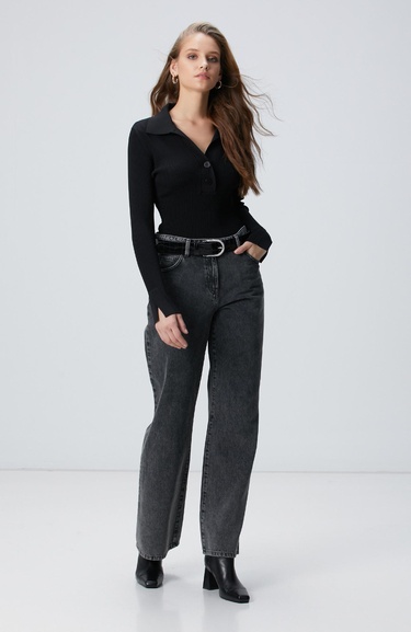  Network Kadın Siyah Düğme Detaylı Triko Kazak