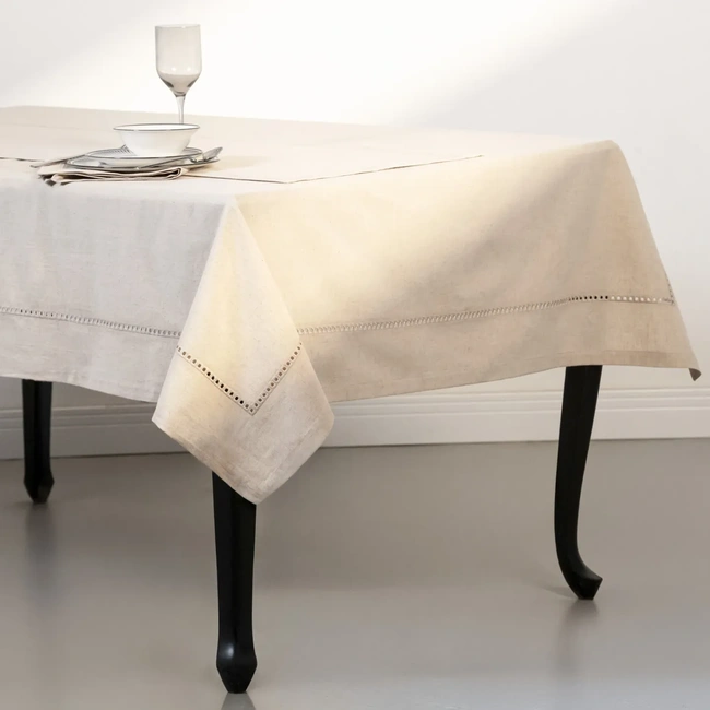  Natura Pamuk Keten Ajur Detaylı Masa Örtüsü Ekru 150x250 cm