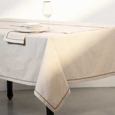  Lucca Pamuk Keten Biyeli Masa Örtüsü Ekru 150x150 cm
