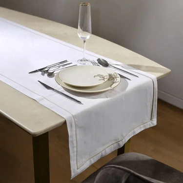  Qua Home Lucca Pamuk Keten Biyeli Runner Beyaz 45x150 cm