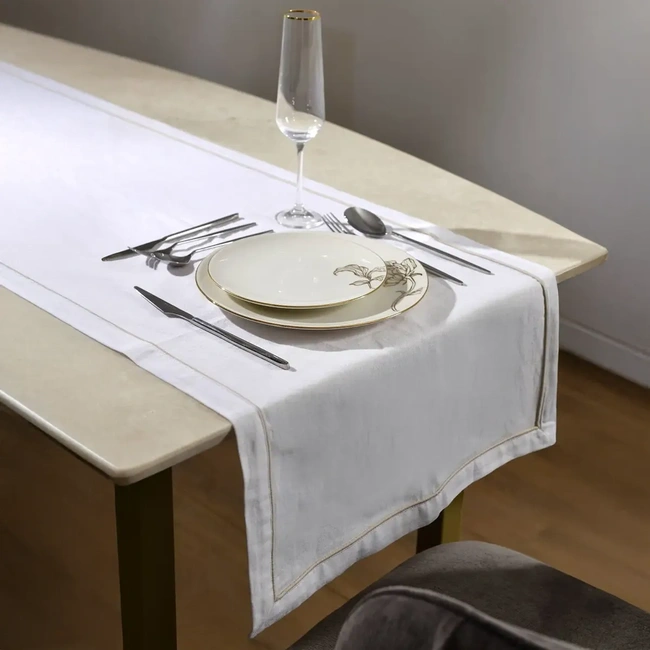  Qua Home Lucca Pamuk Keten Biyeli Runner Beyaz 45x150 cm