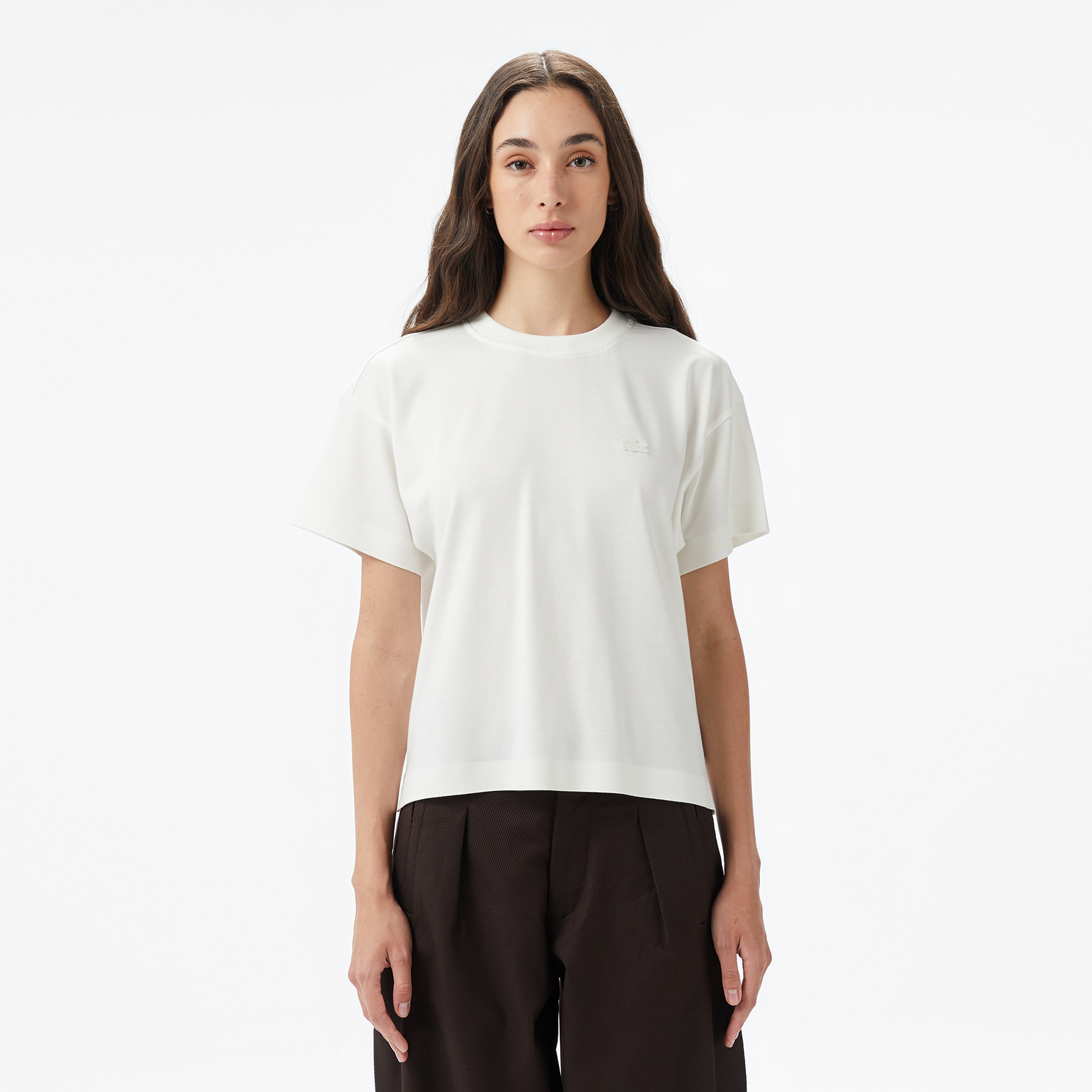 Lacoste Kadın Loose Fit Bisiklet Yaka Beyaz T-Shirt