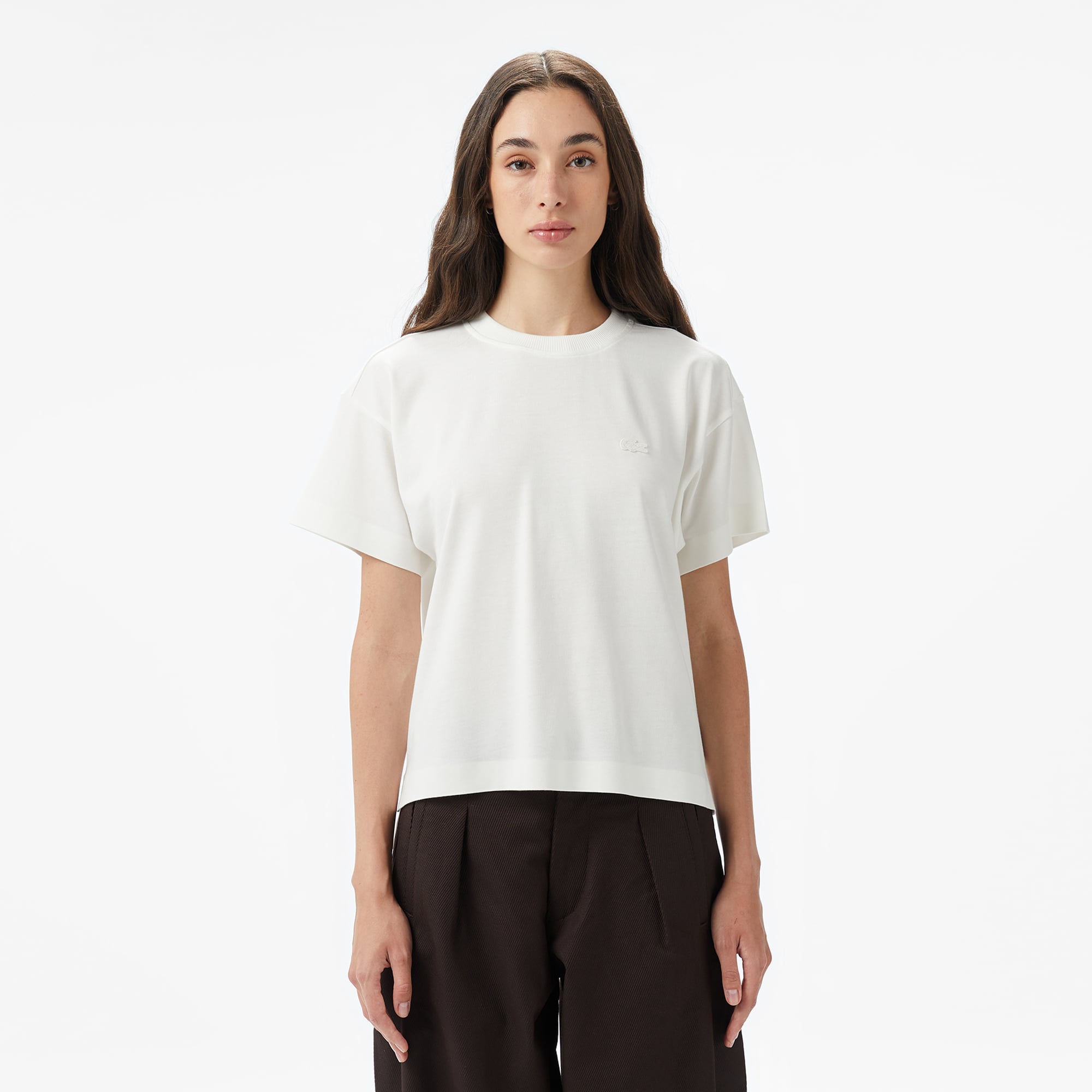  Lacoste Kadın Loose Fit Bisiklet Yaka Beyaz T-Shirt