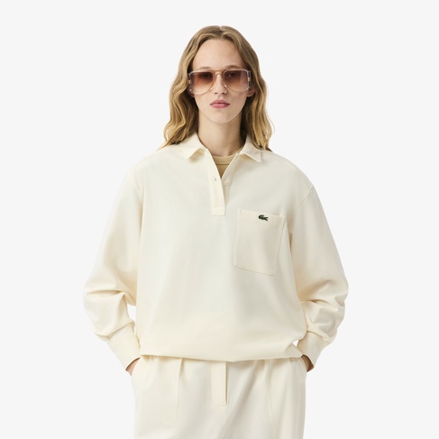 Lacoste Kadın Oversize Fit Polo Yaka Krem Bluz