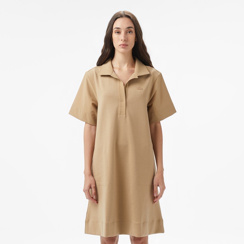  Lacoste Kadın Relaxed Fit Kısa Kollu Polo Yaka Bej Elbise