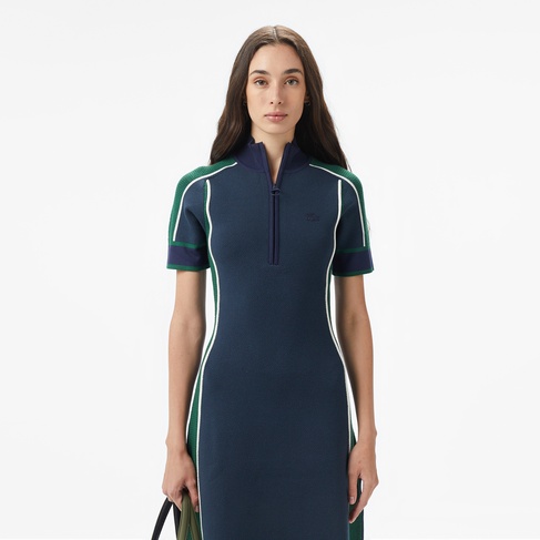  Lacoste Kadın Classic Fit Kısa Kollu Yarım Fermuarlı Renk Bloklu Lacivert Elbise
