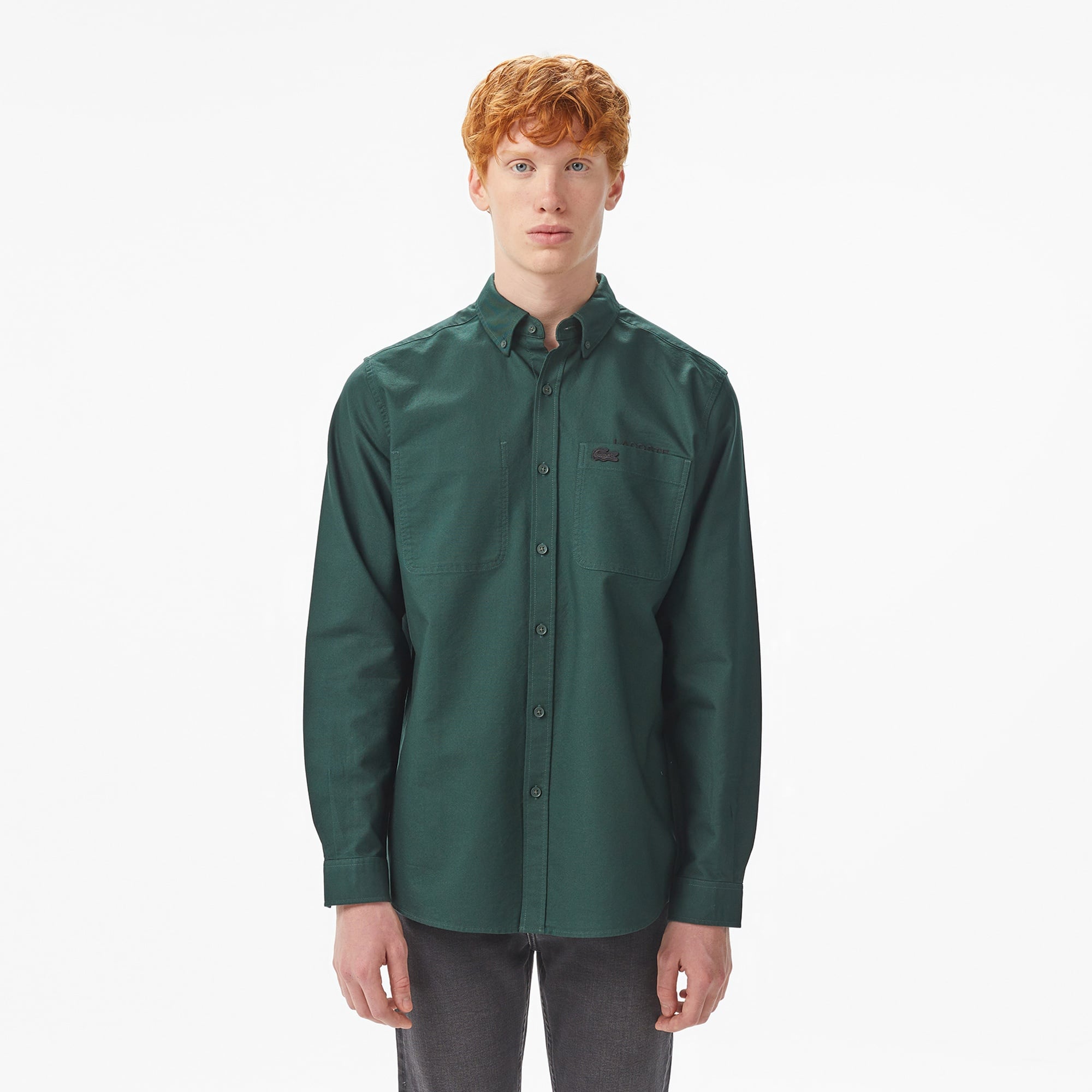 Erkek Regular Fit Düğmeli Yaka Yeşil Gömlek