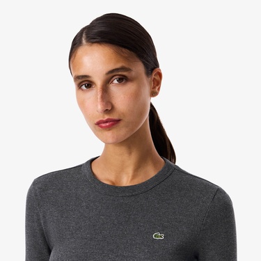  Lacoste Kadın Slim Fit Uzun Kollu Bisiklet Yaka Gri T-Shirt
