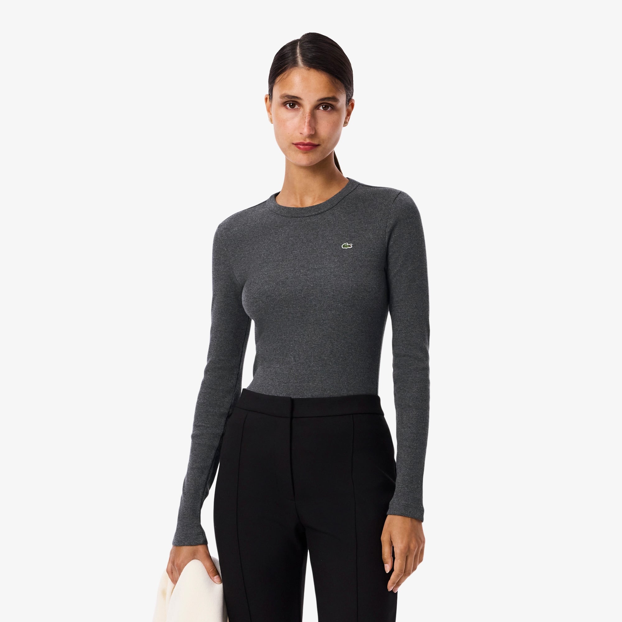 Lacoste Kadın Slim Fit Uzun Kollu Bisiklet Yaka Gri T-Shirt