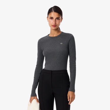  Lacoste Kadın Slim Fit Uzun Kollu Bisiklet Yaka Gri T-Shirt