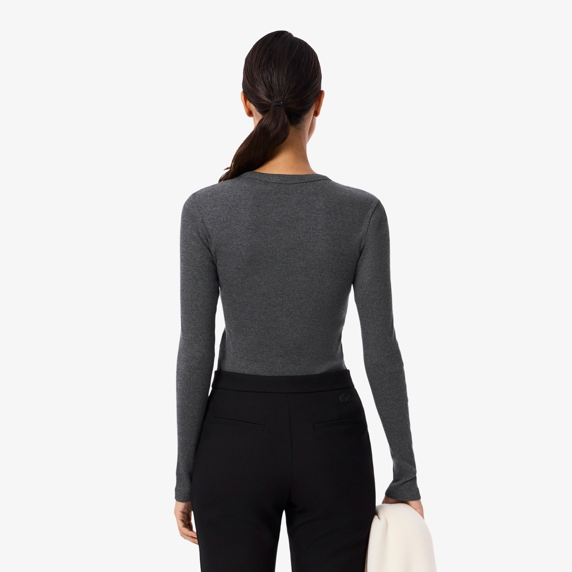 Lacoste Kadın Slim Fit Uzun Kollu Bisiklet Yaka Gri T-Shirt