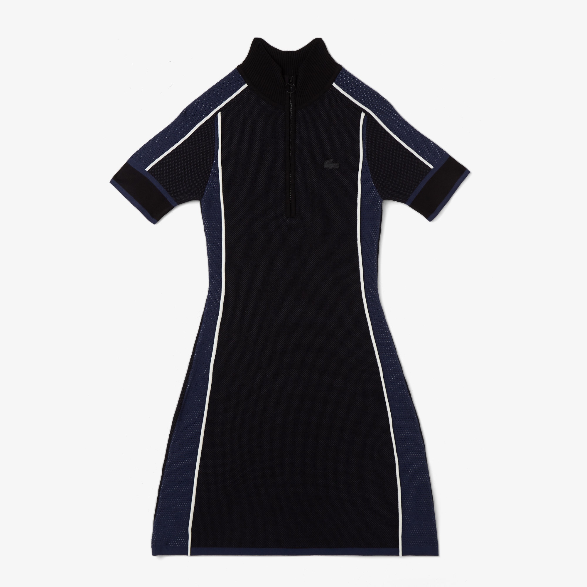 Lacoste Kadın Classic Fit Kısa Kollu Yarım Fermuarlı Renk Bloklu Siyah Elbise