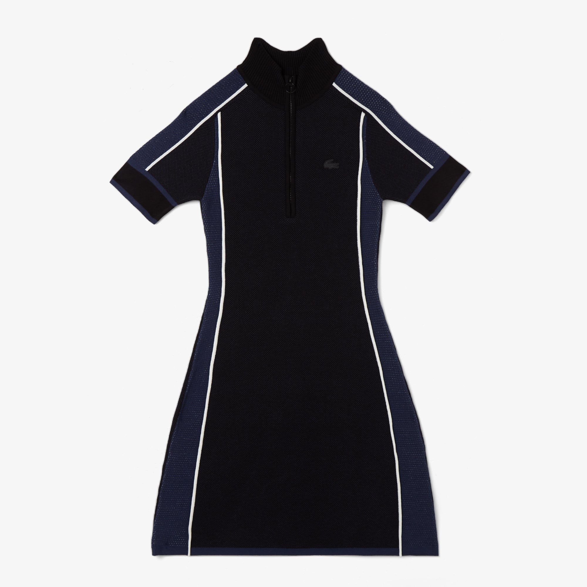  Lacoste Kadın Classic Fit Kısa Kollu Yarım Fermuarlı Renk Bloklu Siyah Elbise