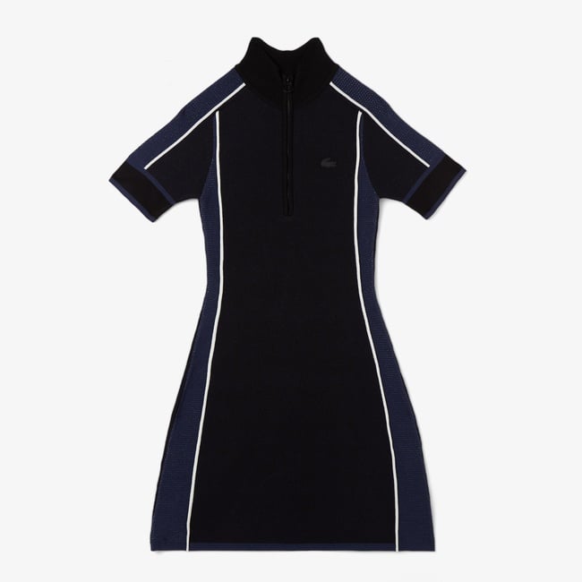  Lacoste Kadın Classic Fit Kısa Kollu Yarım Fermuarlı Renk Bloklu Siyah Elbise