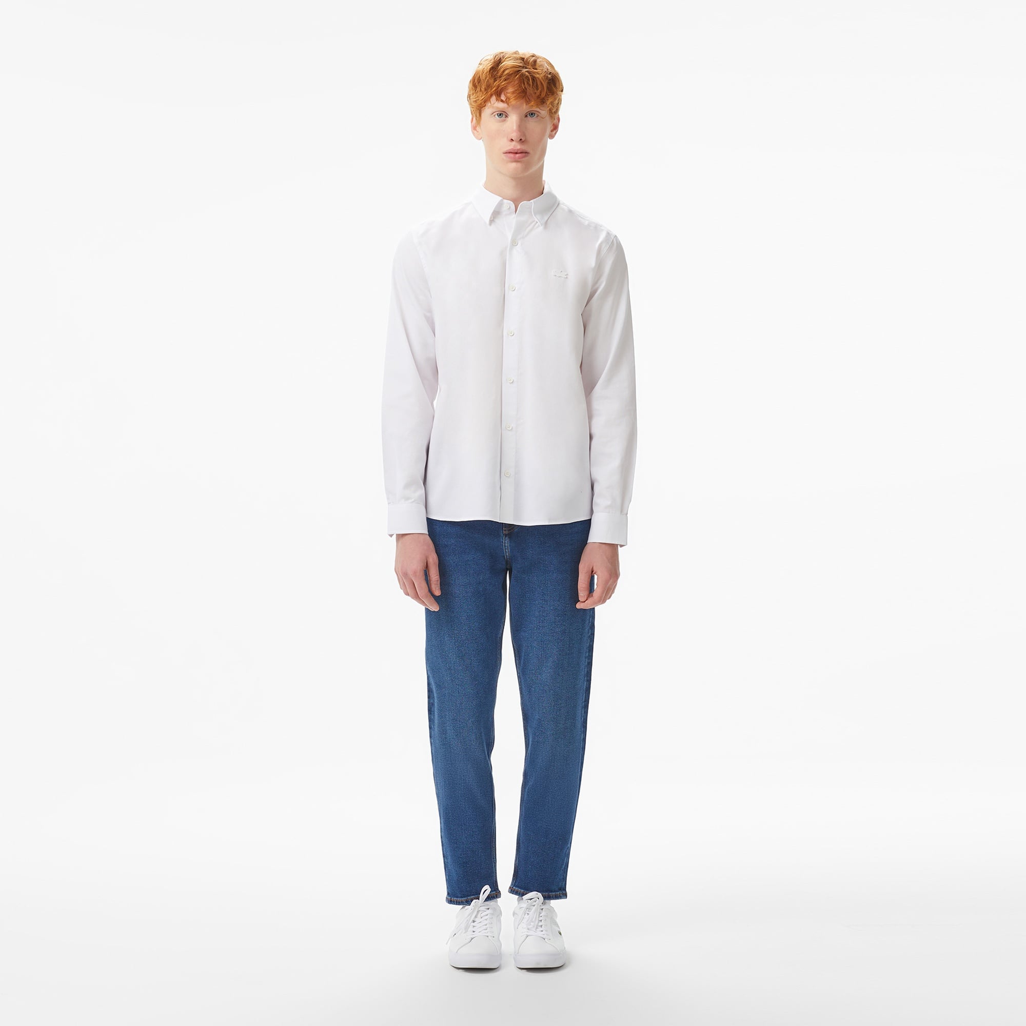 Erkek Slim Fit Düğmeli Yaka Beyaz Gömlek