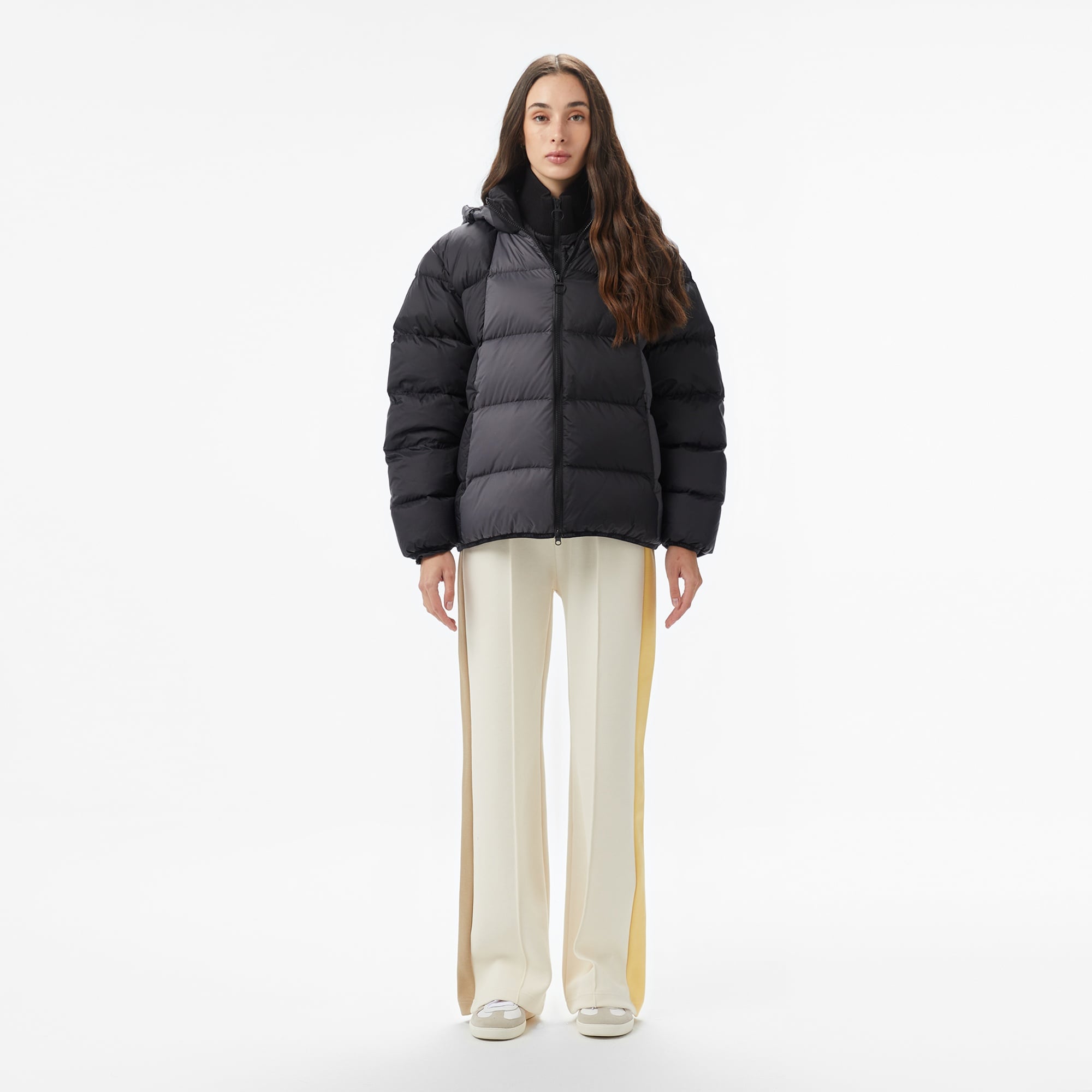 Kadın Kapüşonlu Renk Bloklu Siyah Mont