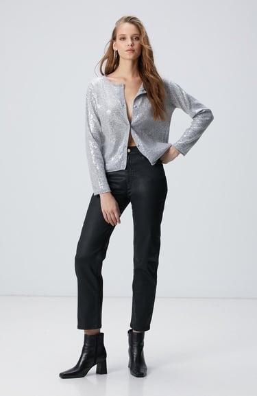  Network Kadın Açık Gri Melanj Payetli Hırka