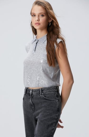  Network Kadın Açık Gri Melanj Payetli Triko Kazak