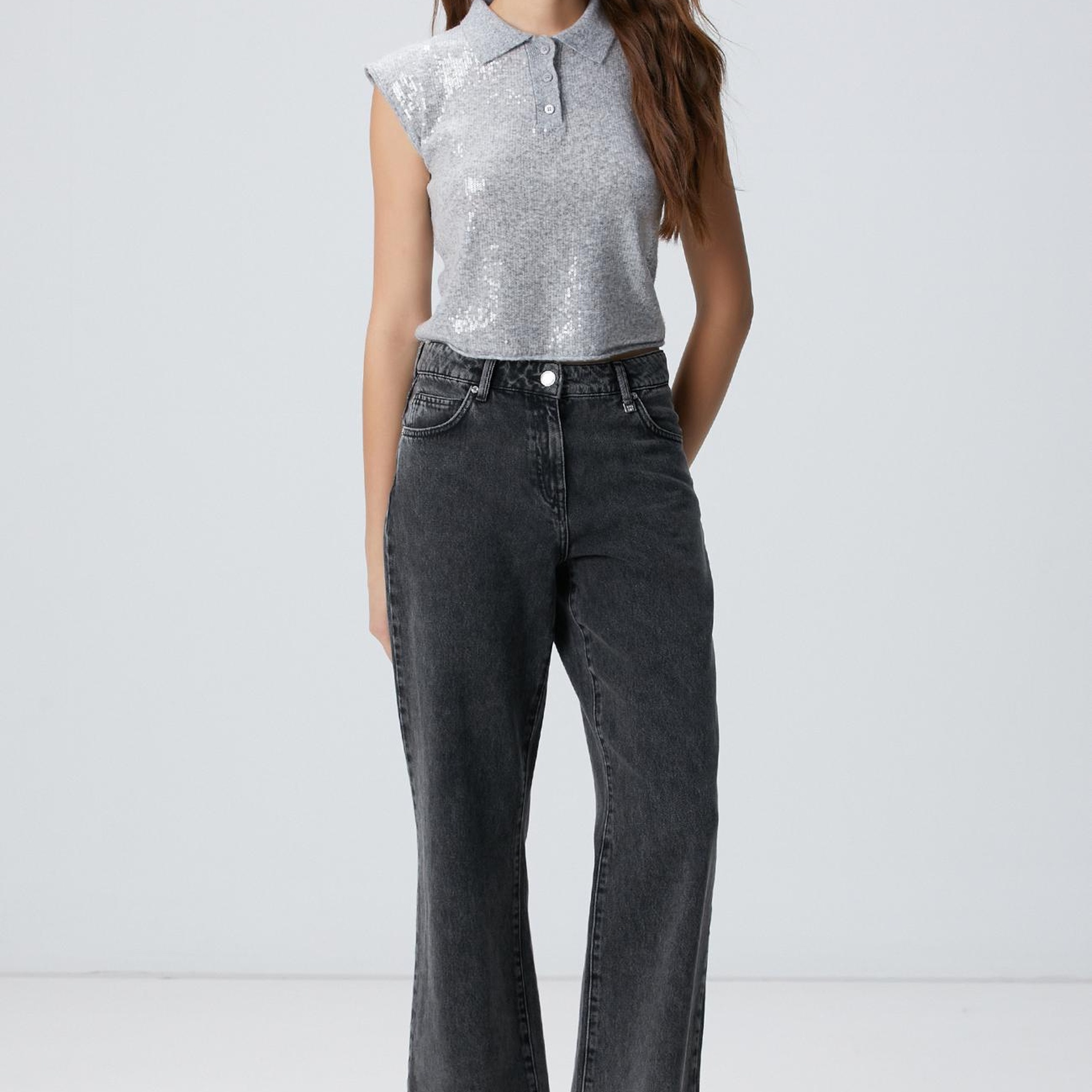 Network Kadın Açık Gri Melanj Payetli Triko Kazak