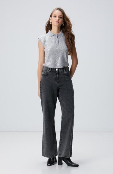  Network Kadın Açık Gri Melanj Payetli Triko Kazak