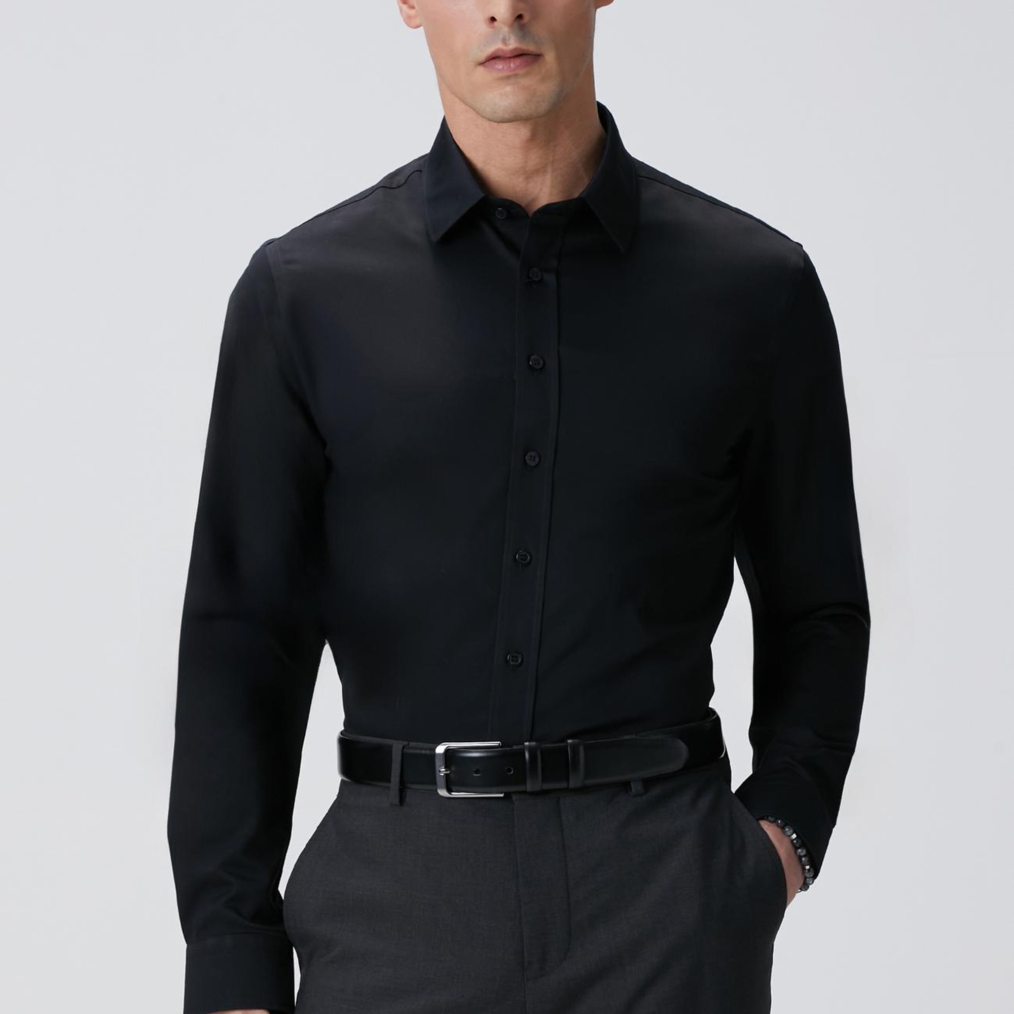 Network Erkek Siyah Non-Iron Saten Gömlek