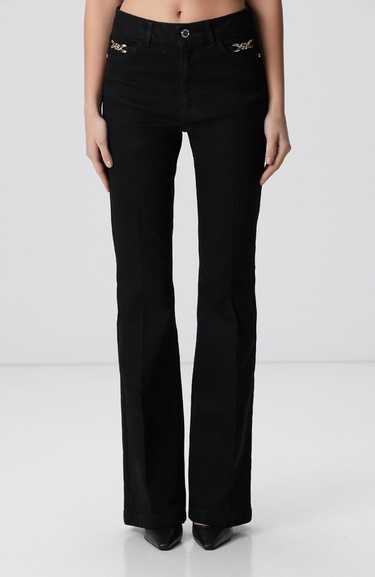  Network Kadın Siyah Aksesuarlı Flare Kalıp Denim Pantolon
