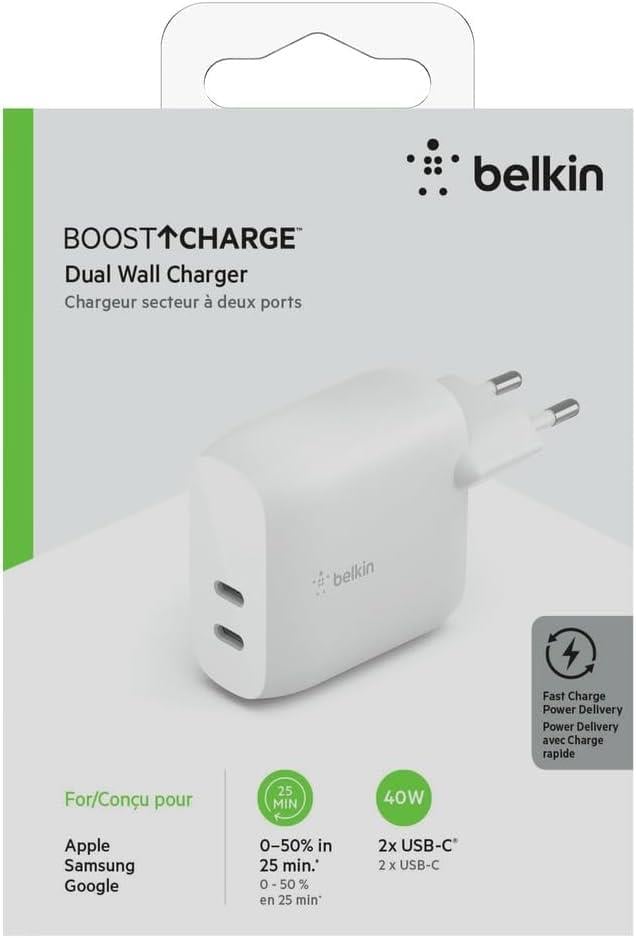  Belkin Çift 20W USB-C PD Duvar Şarj Cihazı 40W