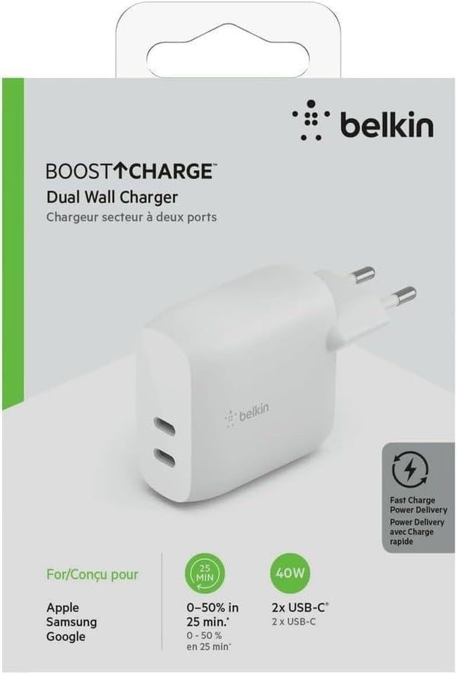  Belkin Çift 20W USB-C PD Duvar Şarj Cihazı 40W