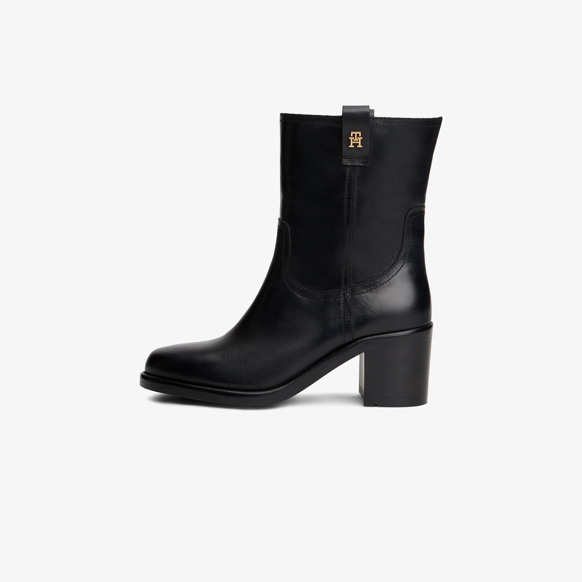 Tommy Hilfiger Riding Leather Mid Block Heel Kadın Siyah Bot