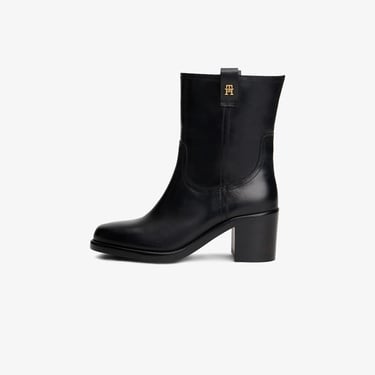  Tommy Hilfiger Riding Leather Mid Block Heel Kadın Siyah Bot