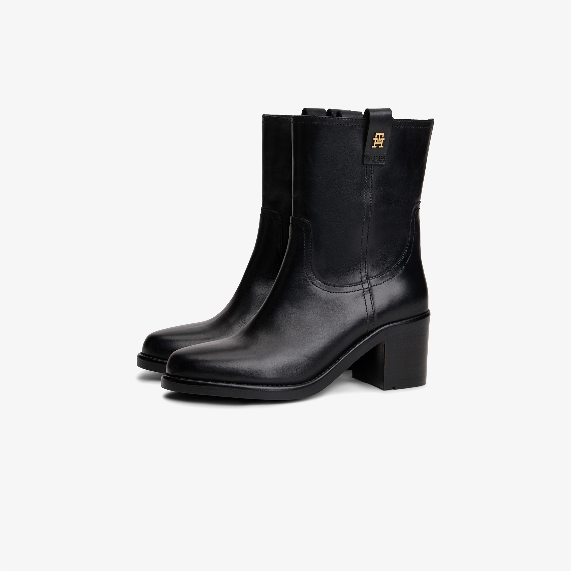 Tommy Hilfiger Riding Leather Mid Block Heel Kadın Siyah Bot