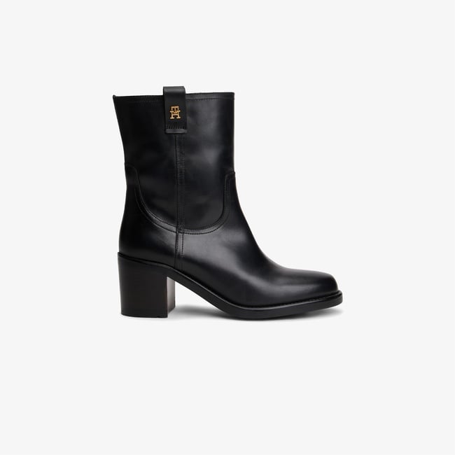  Tommy Hilfiger Riding Leather Mid Block Heel Kadın Siyah Bot